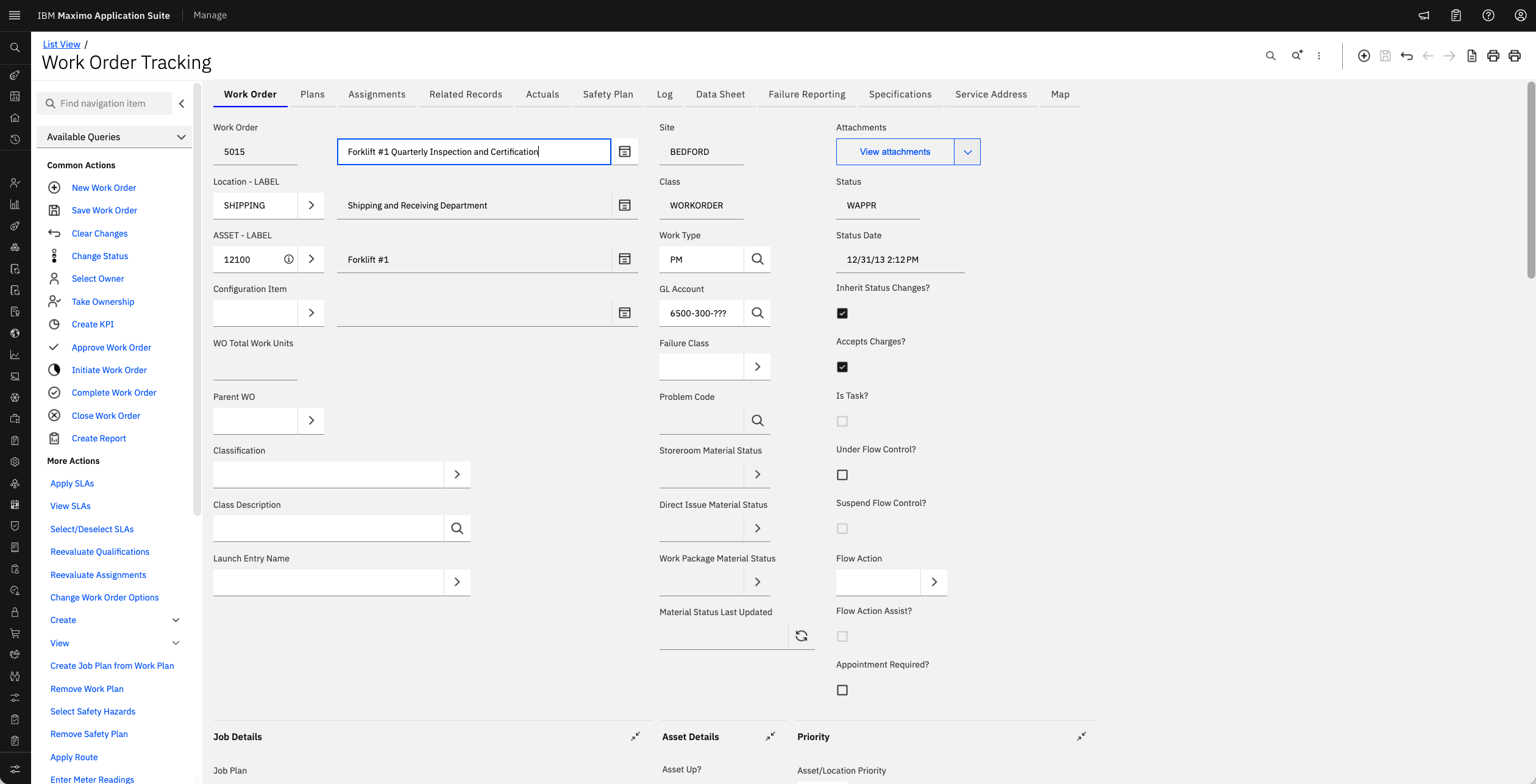 Tela nativa Work Order Tracking do IBM Maximo aberta na ordem de serviço 5015