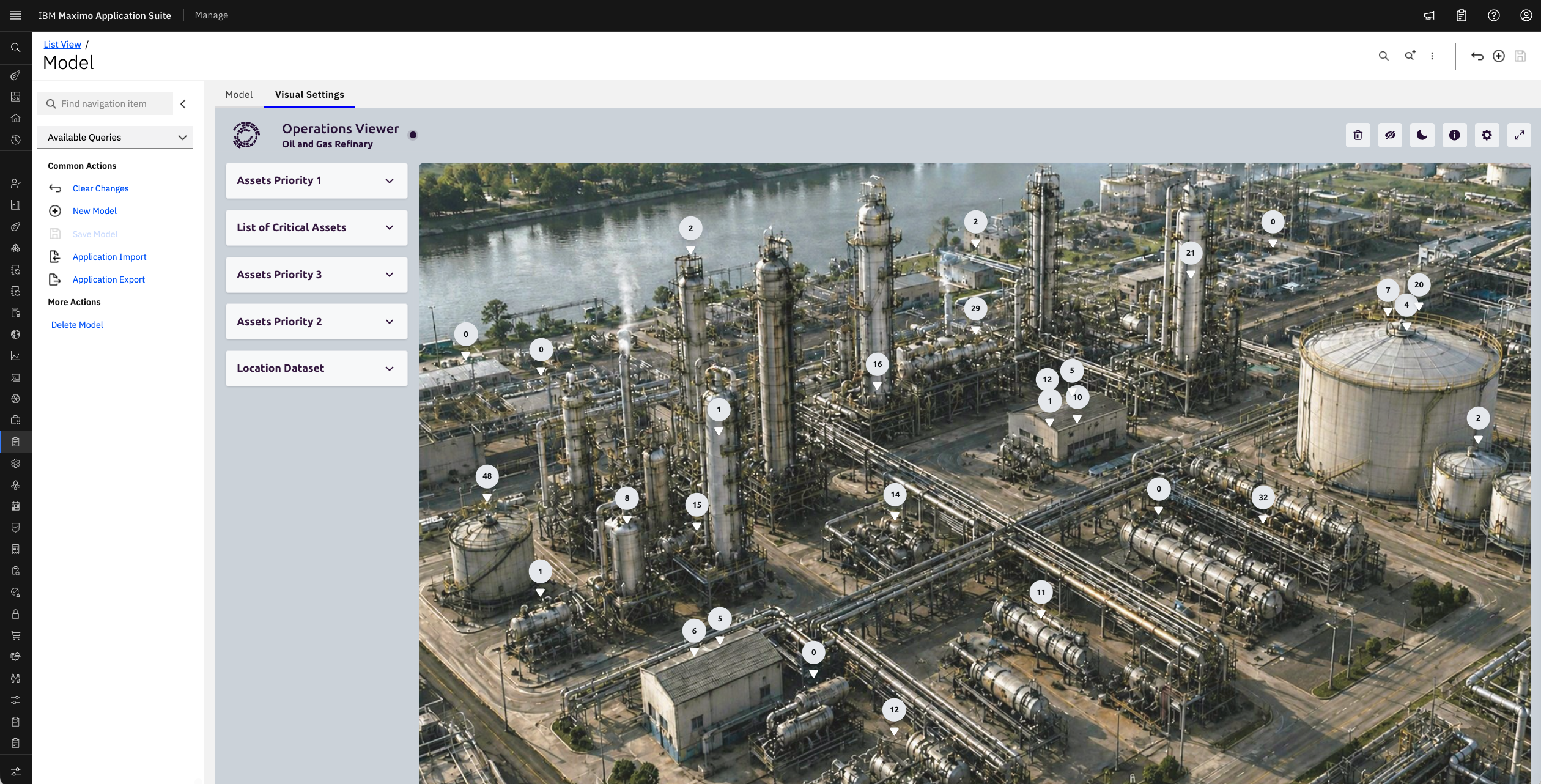 Tela Visual Settings no Maximo, onde o administrador posiciona os pontos operacionais sobre a imagem da refinaria