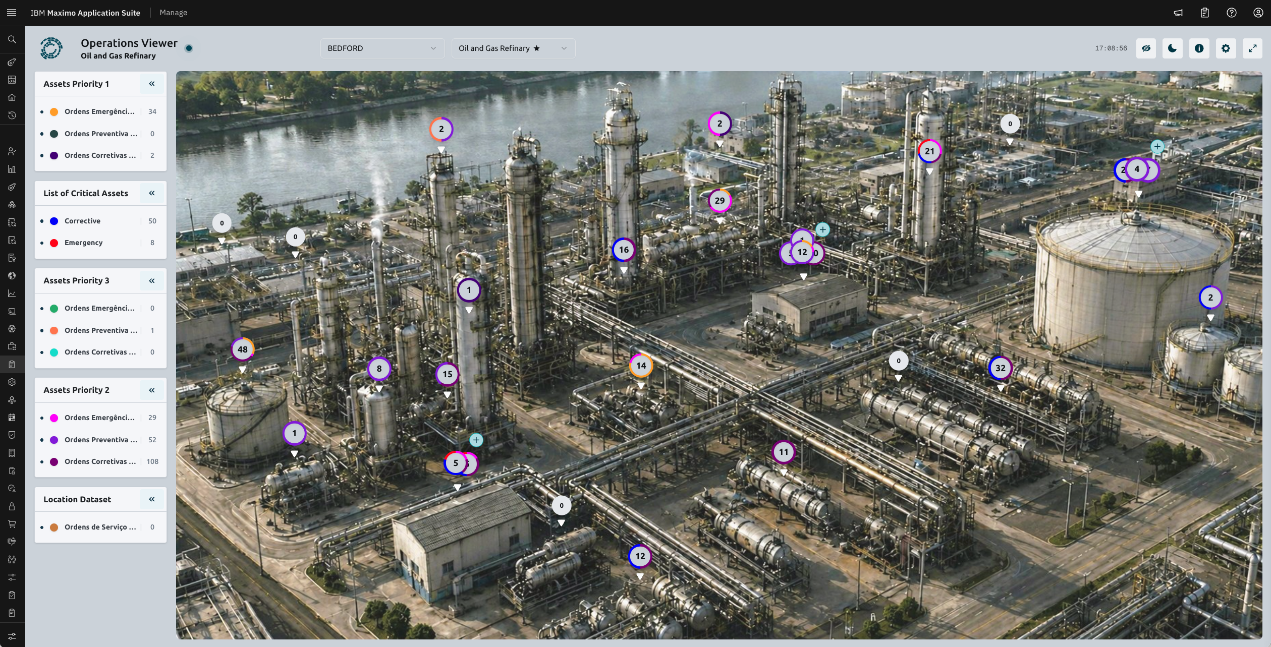 Operations Viewer exibindo a planta com pontos coloridos e a legenda de conjuntos de dados por prioridade